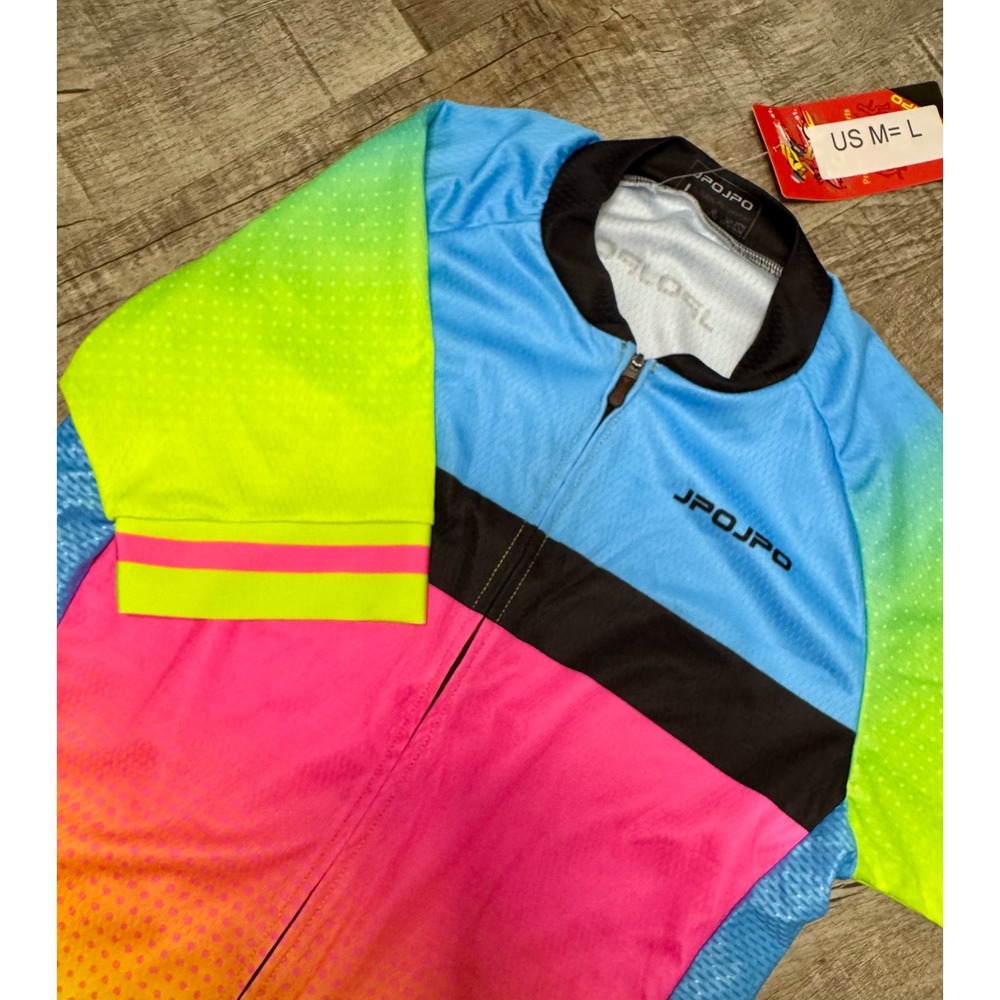 JPOJPO Womens Cycling Jersey New Pink Blue Neon Gradient Short Sleeve Full Zip L
